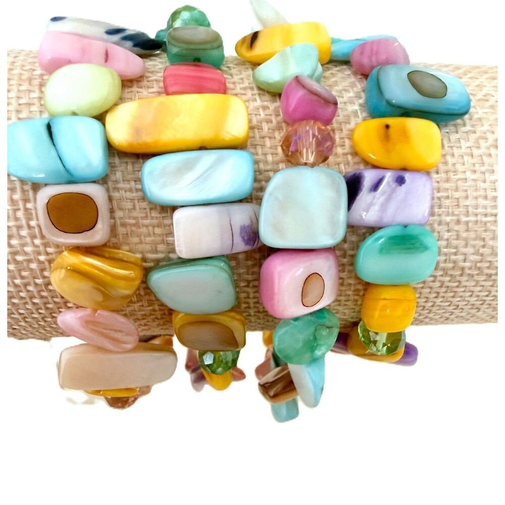 Lot of 4 Natural Shell Mother of Pearl Stretch Bracelets Colorful Boho Beachy D